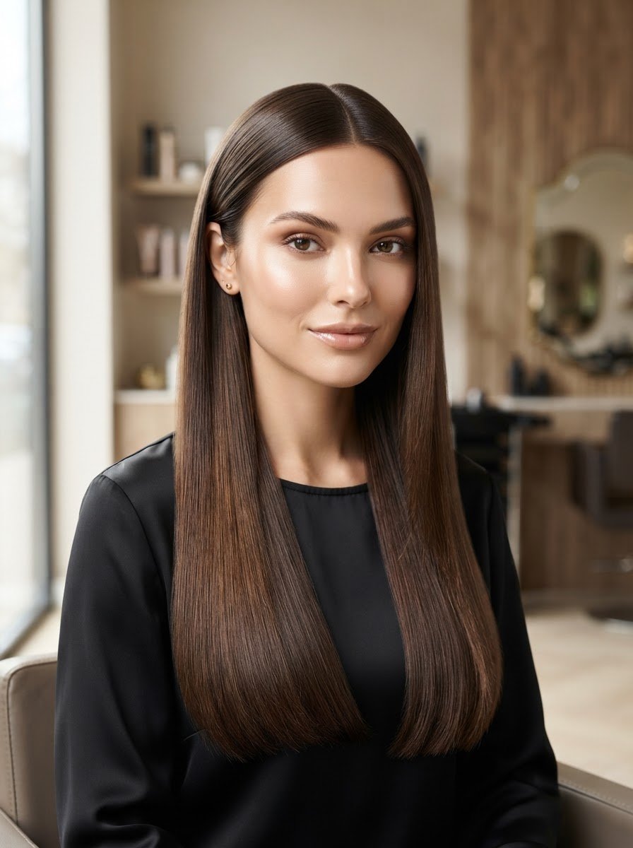 Smooth, frizz-free shiny hair after a keratin smoothing treatment at MABE in Manassas, VA